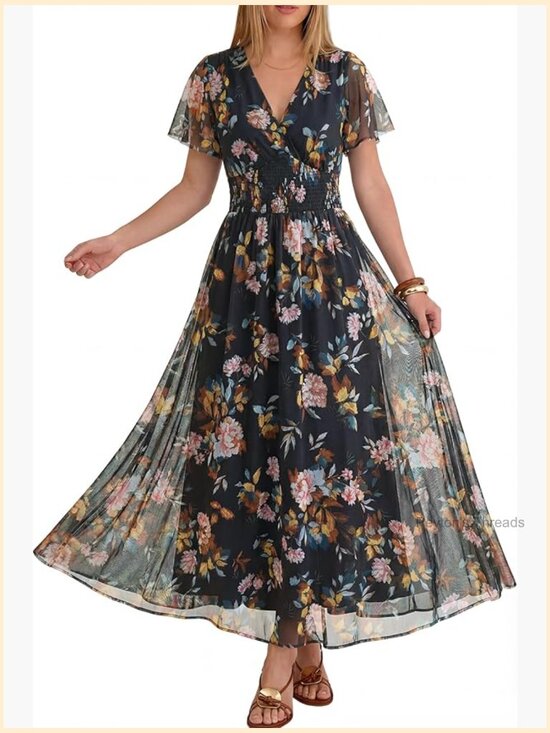 Dresses & Skirts - Floral Maxi Dress Short Sleeve Boho Flowy Tulle Beach Wedding Guest Party Dress